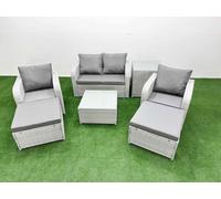 Fimous Light Grey PE Wicker Rattan Garden Furniture Set Sofa Set Reclining Adjustable Chair Square Coffee Table 6 Seater 2 Big Stools Side Table Fimous Light Grey