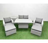 Fimous Light Grey PE Wicker Rattan Garden Furniture Set Sofa Set Reclining Chair Adjustable Lifting Dining or Coffee Table 6 Seater 2 Big Stools Side Fimous Light Grey