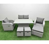 Fimous Light Grey PE Wicker Rattan Garden Furniture Set Sofa Set Reclining Chair Adjustable Lifting Dining or Coffee Table 7 Seater 3 Stools