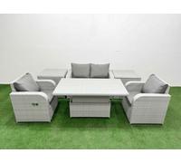 Fimous Light Grey Pe Wicker Rattan Garden Furniture Set Sofa Set Reclining Chair Adjustable Lifting Table 4 Seater 2 Side Table