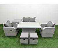 Fimous Light Grey PE Wicker Rattan Garden Furniture Set Sofa Set Reclining Chair Adjustable Lifting Dining or Coffee Table 6 Seater 2 Small Stools Fimous Light Grey