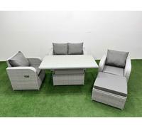 Fimous Light Grey PE Wicker Rattan Garden Furniture Set Sofa Set Reclining Chair Adjustable Lifting Dining or Coffee Table 5 Seater With Footstool