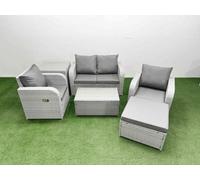 Fimous 5-Seater Light Grey PE Rattan Sofa Set | Reclining Chair, Rectangular Coffee Table, Footstool, Side Table