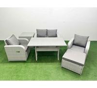 Fimous Light Grey PE Wicker Rattan Garden Furniture Set Sofa Set Reclining Chair Rectangular Dining Table 5 Seater With Footstool Side Table