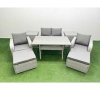 Fimous Light Grey PE Wicker Rattan Garden Furniture Set Sofa Set Reclining Chair Rectangular Dining Table 6 Seater 2 Big Stools 2 Side Table