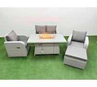 Fimous Light Grey PE Wicker Rattan Garden Furniture Set Sofa Set Reclining Chair Firepit Dining Table 5 Seater With Footstool