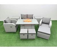 Fimous Light Grey PE Wicker Rattan Garden Furniture Set Sofa Set Reclining Chair Fire Pit Dining Table 7 Seater 3 Stools 2 Side Table