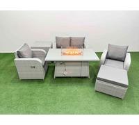 Fimous Light Grey PE Wicker Rattan Garden Furniture Set Sofa Set Reclining Chair Firepit Dining Table 5 Seater With Footstool Side Table Fimous Light Grey