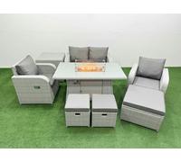 Fimous Light Grey PE Wicker Rattan Garden Furniture Set Sofa Set Reclining Chair Firepit Dining Table 7 Seater 3 Stools Side Table Fimous Light Grey