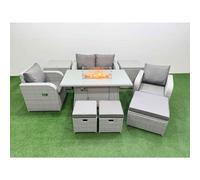 Fimous Light Grey PE Wicker Rattan Garden Furniture Set Sofa Set Reclining Chair Fire Pit Dining Table 7 Seater 3 Stools 2 Side Table