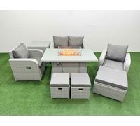 Fimous Light Grey PE Wicker Rattan Garden Furniture Set Sofa Set Reclining Chair Firepit Dining Table 7 Seater 3 Stools Side Table Fimous Light Grey