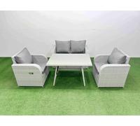 Fimous Light Grey PE Wicker Rattan Garden Furniture Set Sofa Set Reclining Chair Love Sofa Rectangular Dining Table Light Grey