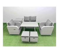 Fimous Light Grey PE Wicker Rattan Garden Furniture Set Sofa Set Reclining Chair Love Sofa Rectangular Dining Table 2 Small Stools Side Table