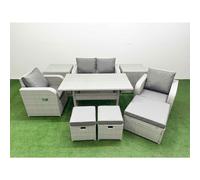 Fimous Light Grey PE Wicker Rattan Garden Furniture Set Sofa Set Reclining Chair Rectangular Dining Table 7 Seater 3 Stools 2 Side Table