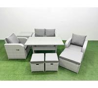 Fimous Light Grey PE Wicker Rattan Garden Furniture Set Sofa Set Reclining Chair Rectangular Dining Table 7 Seater 3 Stools Side Table