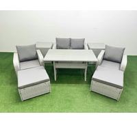 Fimous Light Grey PE Wicker Rattan Garden Furniture Set Sofa Set Reclining Chair Rectangular Dining Table 6 Seater 2 Big Stools 2 Side Table