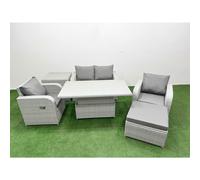 Fimous Light Grey PE Wicker Rattan Garden Furniture SetAdjustable Lifting Dining or Coffee Table 5 Seater With Footstool Side Table