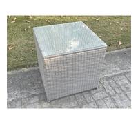 Fimous Light Grey Rattan Cube Side Table Tea Coffee Table Outdoor Garden Furniture Accessory With Clear Tempered Glass