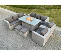 Fimous Light Grey Rattan Fire Pit Dining Set Garden Furniture Set Gas Heater Burner Lounge Sofa Dining Set Chairs Stools