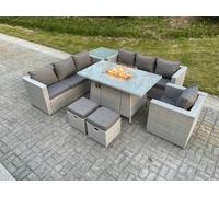 Fimous Light Grey Rattan Firepit Garden Furniture Dining Table Set Gas Heater Burner Lounge Sofa With Side Coffee Table