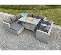 Fimous Light Grey Rattan Firepit Garden Furniture Set Gas Heater Burner Lounge Sofa Dining Set Coffee Table Chairs Footstool