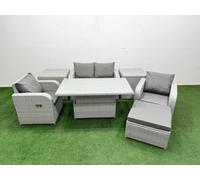 Fimous Light Grey PE Wicker Rattan Garden Furniture SetAdjustable Lifting Dining or Coffee Table 5 Seater With Footstool 2 Side Table