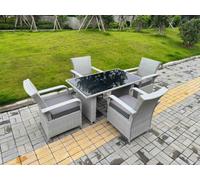 Fimous Light Grey Rattan Outdoor Garden furniture Set Black Tempered Glass Dining Table and 4 Chairs Set with Seat Cushion