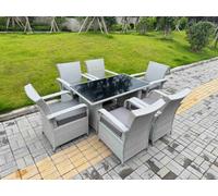 Fimous Light Grey Rattan Outdoor Garden Furniture Set Black Tempered Glass Dining Table And 6 Chairs Set With Seat Cushion