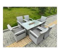 Fimous Light Grey Rattan Outdoor Garden furniture Set Gas Fire Pit Table and 6 Chairs Set with Seat Cushion