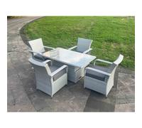 Fimous Light Grey Rattan Outdoor Garden furniture Set Height Adjustable Rising Lifting Table and 4 Chairs Set with Seat Cushion