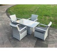 Fimous Light Grey Rattan Outdoor Garden Furniture Set Height Adjustable Rising Lifting Table And 4 Chairs Set With Seat Cushion