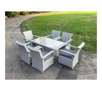 Fimous Light Grey Rattan Outdoor Garden furniture Set Height Adjustable Rising Lifting Table and 6 Chairs Set with Seat Cushion