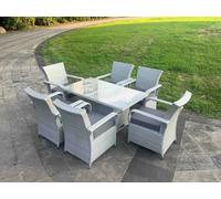 Fimous Light Grey Rattan Outdoor Garden furniture Set Height Adjustable Rising Lifting Table and 6 Chairs Set with Seat Cushion