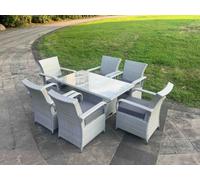 Fimous Light Grey Rattan Outdoor Garden Furniture Set Height Adjustable Rising Lifting Table And 6 Chairs Set With Seat Cushion