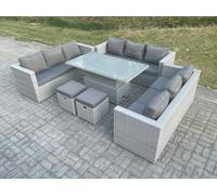 Fimous Light Grey U Shape Lounge Rattan Garden Furniture Set Adjustable Rising Lifting Table Dining Set 2 Stools