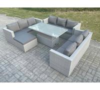 Fimous Light Grey U Shape Lounge Rattan Garden Furniture Set Adjustable Rising Lifting Table Dining Set Footstool