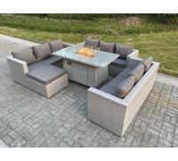 Fimous Light Grey U Shape Lounge Sofa Dining Set With Gas Fire Pit Rattan Garden Furniture Set Heater Burner Fimous Light Grey