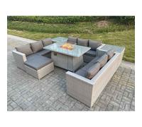 Fimous Light Grey U Shape Lounge Sofa Dining Set With Gas Heater Fire pit Burner With 2 PC Side Coffee Tea Table Footstool Light Grey