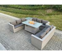 Fimous Light Grey U Shape Lounge Sofa Dining Set With Gas Heater Fire Pit Dining Table Set Burner With Extra Side Coffee Tea Table
