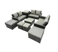 Fimous PE Rattan Garden Furniture Set Lounge Double Seat Sofa Coffee Table Set with Side Table 4 Stools Dark Grey Mixed