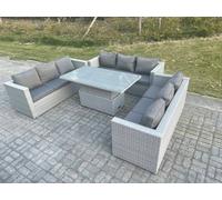 Fimous Lounge Rattan Garden Furniture Set Height Adjustable Rising Lifting Table Dining Set