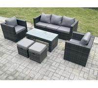 FIMOUS Rattan Lounge Sofa Set - Outdoor with Oblong Coffee Table, 2 Chairs & 2 Stools - Dark Grey