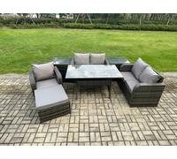 Fimous Lounge Rattan Sofa Set Outdoor Garden Furniture Oblong Rectangular Dining Table With Chairs 2 Side Tables Big Footstool Dark Grey Mixed