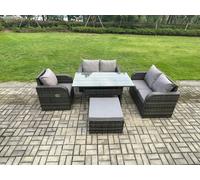 Fimous Lounge Rattan Sofa Set Outdoor Garden Furniture Oblong Rectangular Dining Table With Chairs Big Footstool Dark Grey Mixed