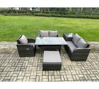 Fimous Lounge Rattan Sofa Set Outdoor Garden Furniture Oblong Rectangular Dining Table With Chairs Big Footstool Side Table Dark Grey Mixed