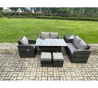 Fimous Lounge Rattan Sofa Set Outdoor Garden Furniture Oblong Rectangular Dining Table With Chairs Side Table 2 Small Footstools Dark Grey Mixed