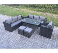 Fimous Outdoor Lounge Sofa Garden Furniture Set Rattan Rectangular Dining Table Patio Chair with 2 Small Footstool 9 Seater Dark Grey Mixed