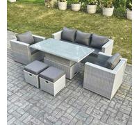 Fimous Outdoor 7 Seater Rattan Dining & Lounge Set with Adjustable Height Table, Sofa, 2 Armchairs & Stools