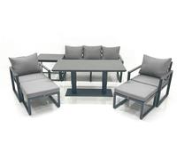 Fimous Outdoor Aluminium Garden Furniture Set with Adjustable Rising Lifting Dining Table 3 Seater Sofa 2 Chair 2 Big Footstools Side Table Dark Grey