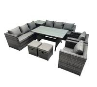 Fimous Outdoor Corner Sofa Chair Dining Table Set Garden Rattan Furniture Set 10 Seater with Side Table 2 Small Stool Dark Grey Dark Grey